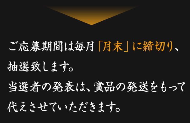 ご応募期間は毎月「月末」に締切り、抽選致します。当選者は翌月5日までに発表させていただきます。